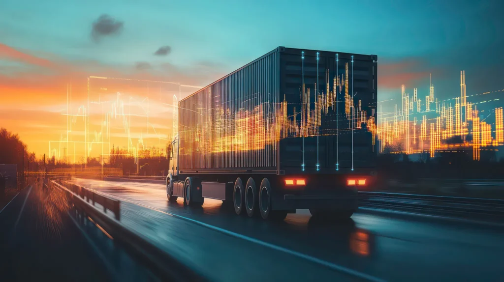 A cargo truck illuminated by sunset light with financial charts overlaid symbolizing logistics and economic trends