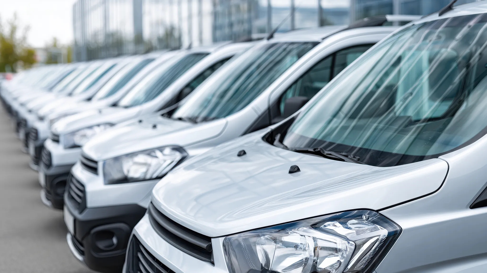 A full fleet of silver vans in front of a business building