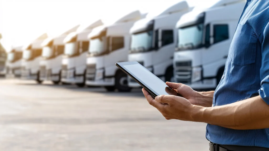 Fleet Management Logistics Manager Using Tablet Inspecting Trucks in a Transportation Hub