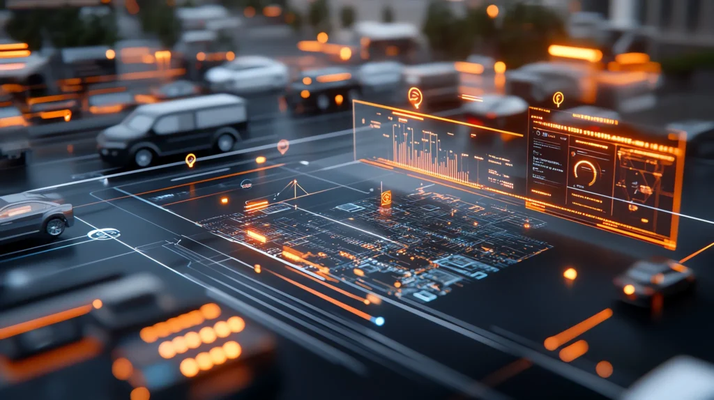 Fleet Management System Visualization of a holographic map showing moving vehicles with GPS tracks