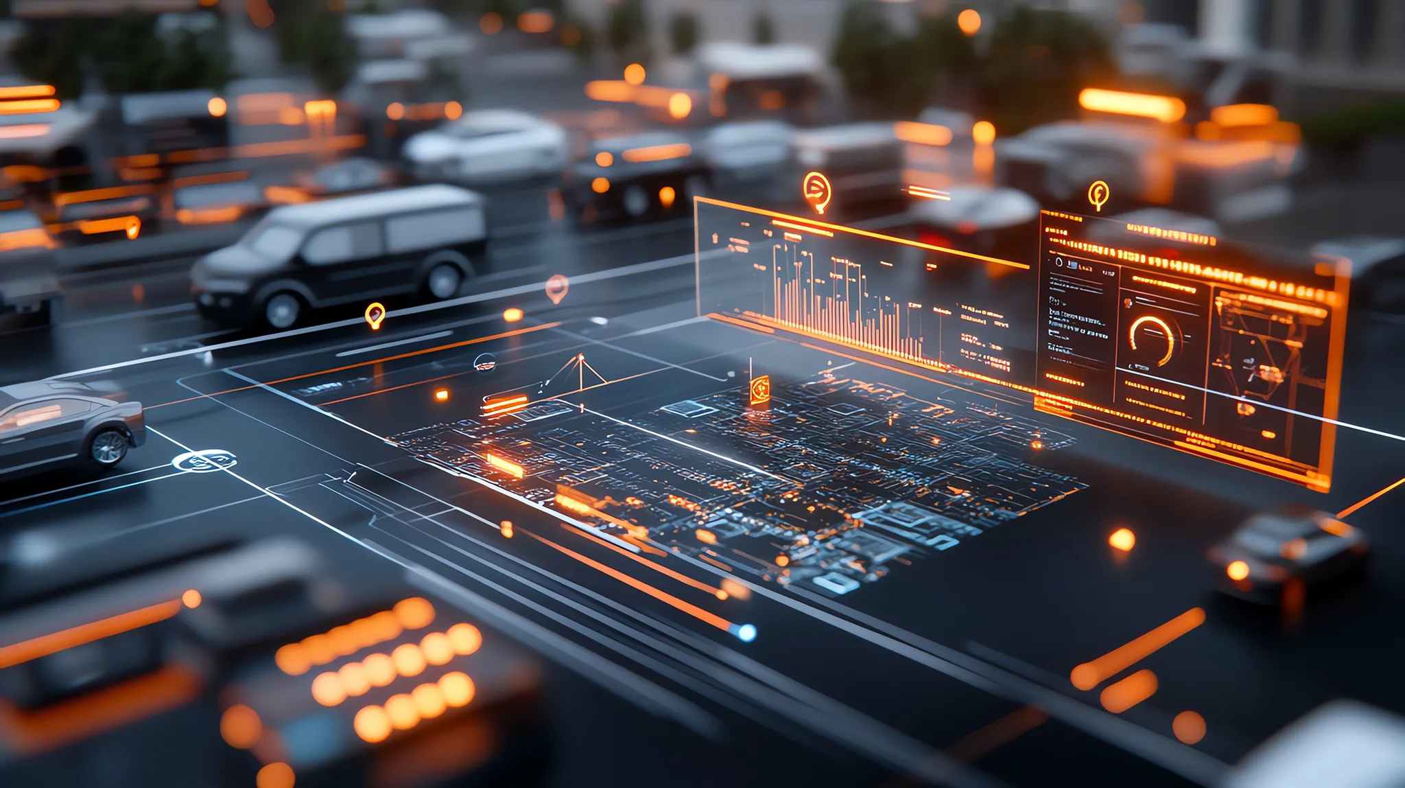 Fleet Management System Visualization of a holographic map showing moving vehicles with GPS tracks